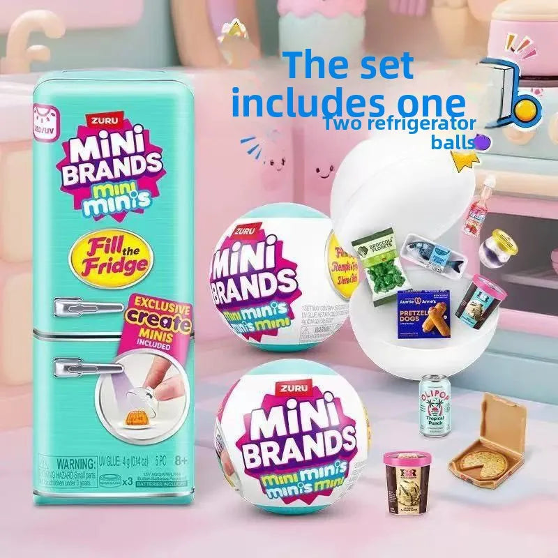 A set of mini brands includes one two refrigerator balls and a miniature fridge playset with surprise food capsule.