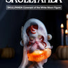 A white figurine of a skullpanda wearing a sheer white garment and holding an orange glowing orb.