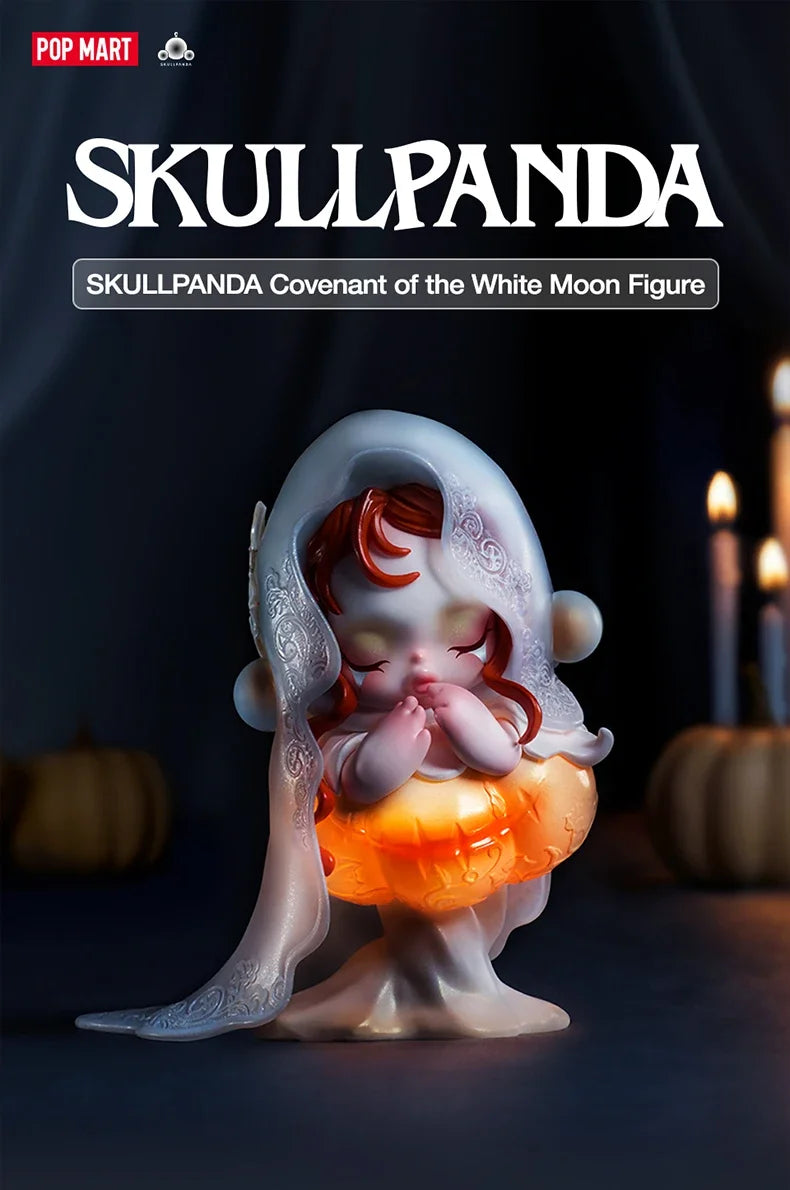 A white figurine of a skullpanda wearing a sheer white garment and holding an orange glowing orb.