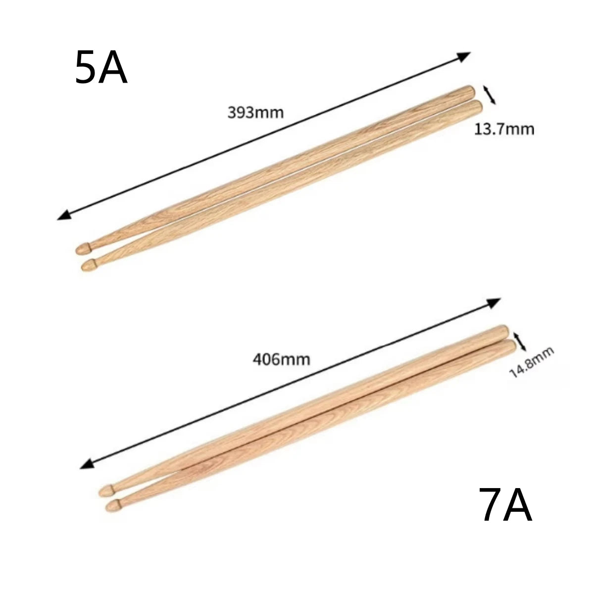 Two sets of wooden drumsticks, labeled 5A and 7A, showing their lengths and thickness.