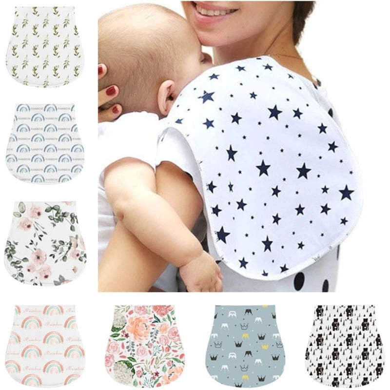 A collection of various patterned absorbent burp cloths for babies, including floral, geometric, and striped designs.