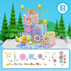 A colorful set of motorized gear building blocks and a rail car with various components.