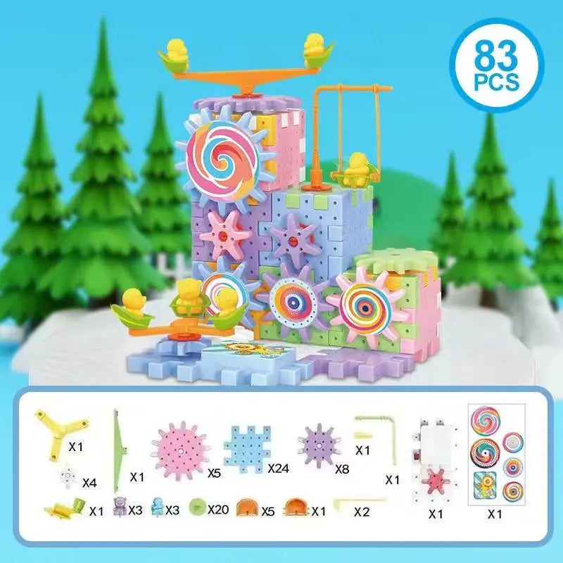 A colorful set of motorized gear building blocks and a rail car with various components.