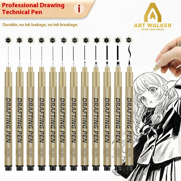 A set of 12 professional drawing technical pens with various nibs displayed next to a hand holding a pen.