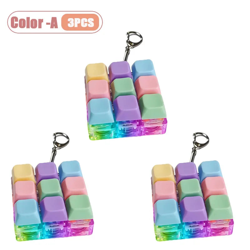 Three sets of colorful LED keyboard keycap fidget lockets for stress relief