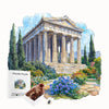 An artistic wooden jigsaw puzzle depicting a classical temple structure surrounded by greenery.