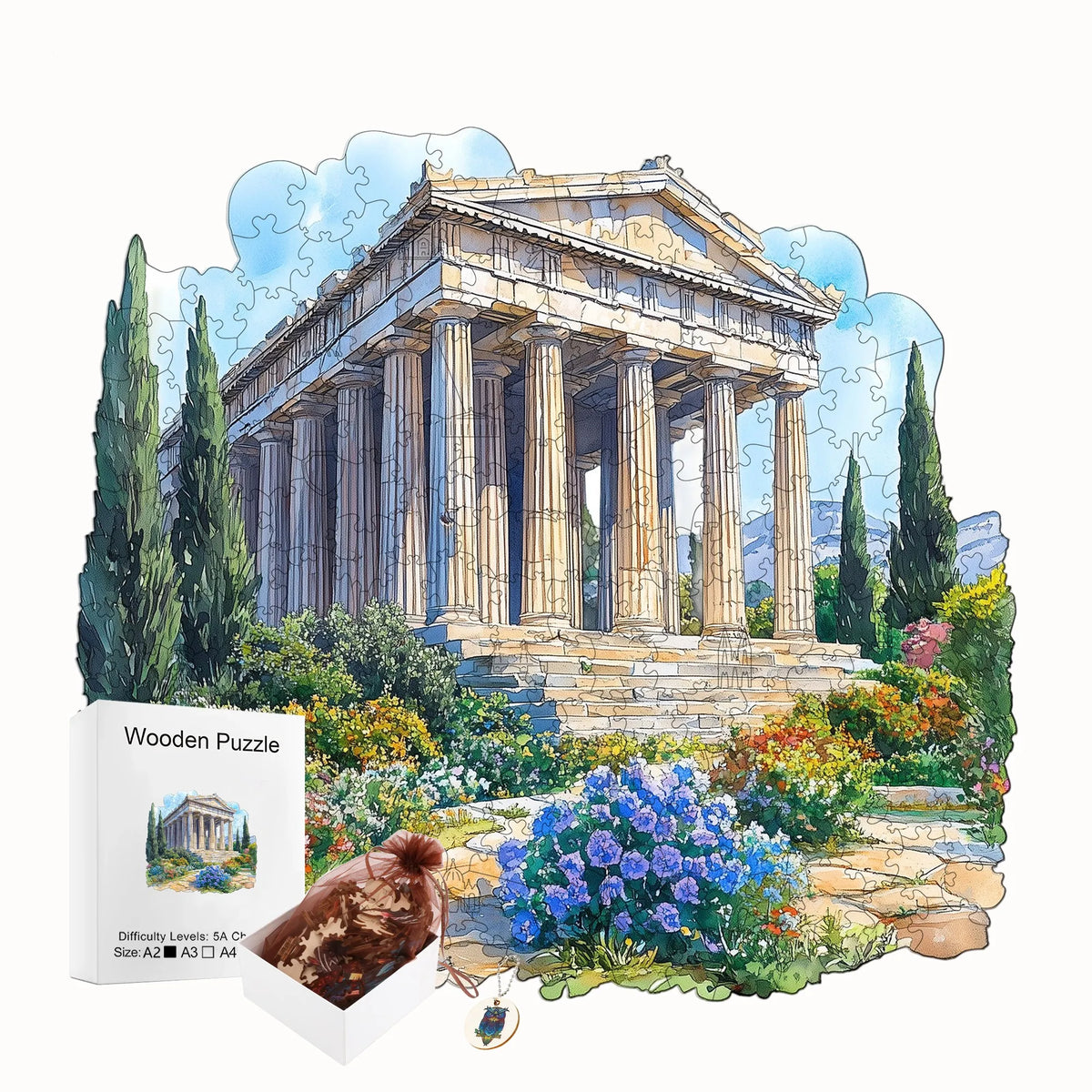 An artistic wooden jigsaw puzzle depicting a classical temple structure surrounded by greenery.