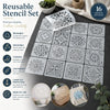 A set of 16 reusable mandala art stencils featuring various intricate patterns cut from white material on a dark surface.