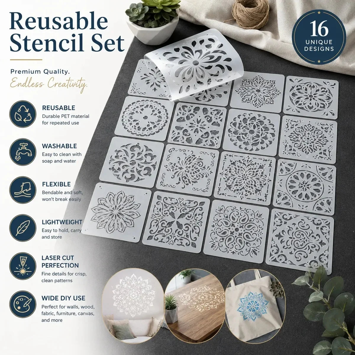 A set of 16 reusable mandala art stencils featuring various intricate patterns cut from white material on a dark surface.