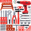 A red electric drill and various tools including screwdrivers pliers hammers and various plastic parts for a kids pretend pla