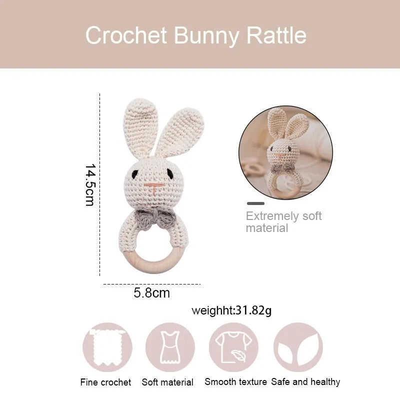 Crochet Bunny Rattle & Teether Toy with Wooden Ring