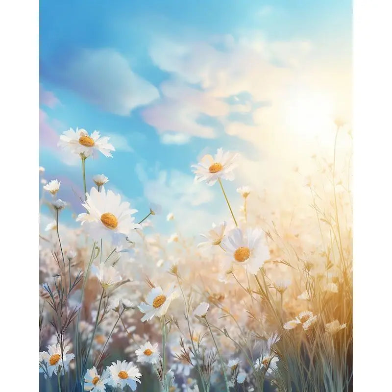 A watercolor painting of a field of white and yellow flowers under a bright, sunny sky.
