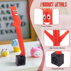 A red inflatable tube guy with a blower is shown next to small toys on a white surface.