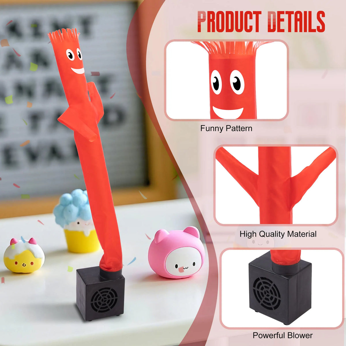A red inflatable tube guy with a blower is shown next to small toys on a white surface.