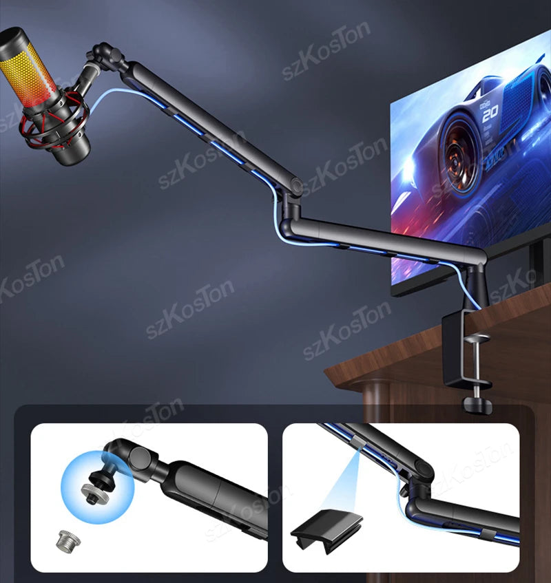 A black low profile microphone arm with cable management and extension riser mounted on a desk, shown with close-ups of compo