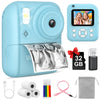 A light blue instant print camera with a dual lens, accessories including cables, pens, and a storage card.