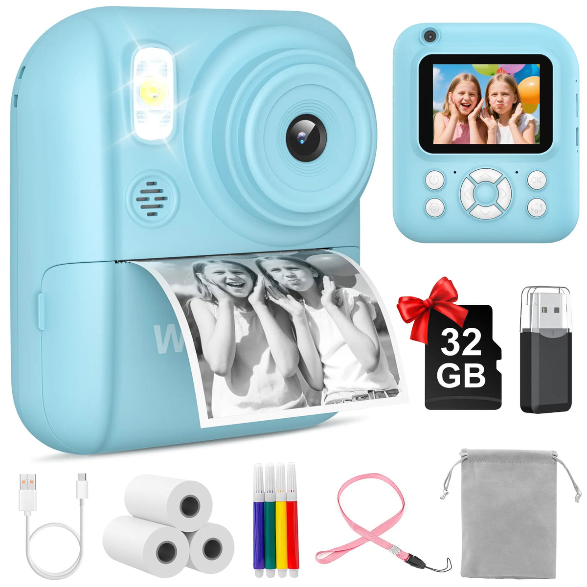 A light blue instant print camera with a dual lens, accessories including cables, pens, and a storage card.