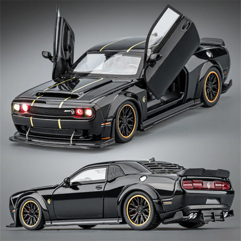 A black Dodge Challenger SRT Hellcat diecast model car with a convertible top open, shown in a studio setting.
