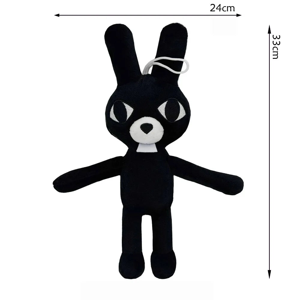 A black plush toy shaped like a rabbit with large eyes and a white nose.