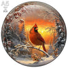A jigsaw puzzle depicting a vibrant orange bird in a snowy forest setting with warm sunset light.