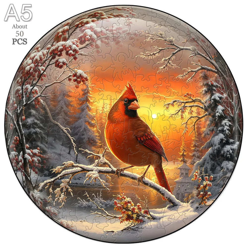 A jigsaw puzzle depicting a vibrant orange bird in a snowy forest setting with warm sunset light.