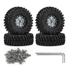 Four 1.3 inch aluminum RC crawler tires and a metal rod are shown for off-road rigs.
