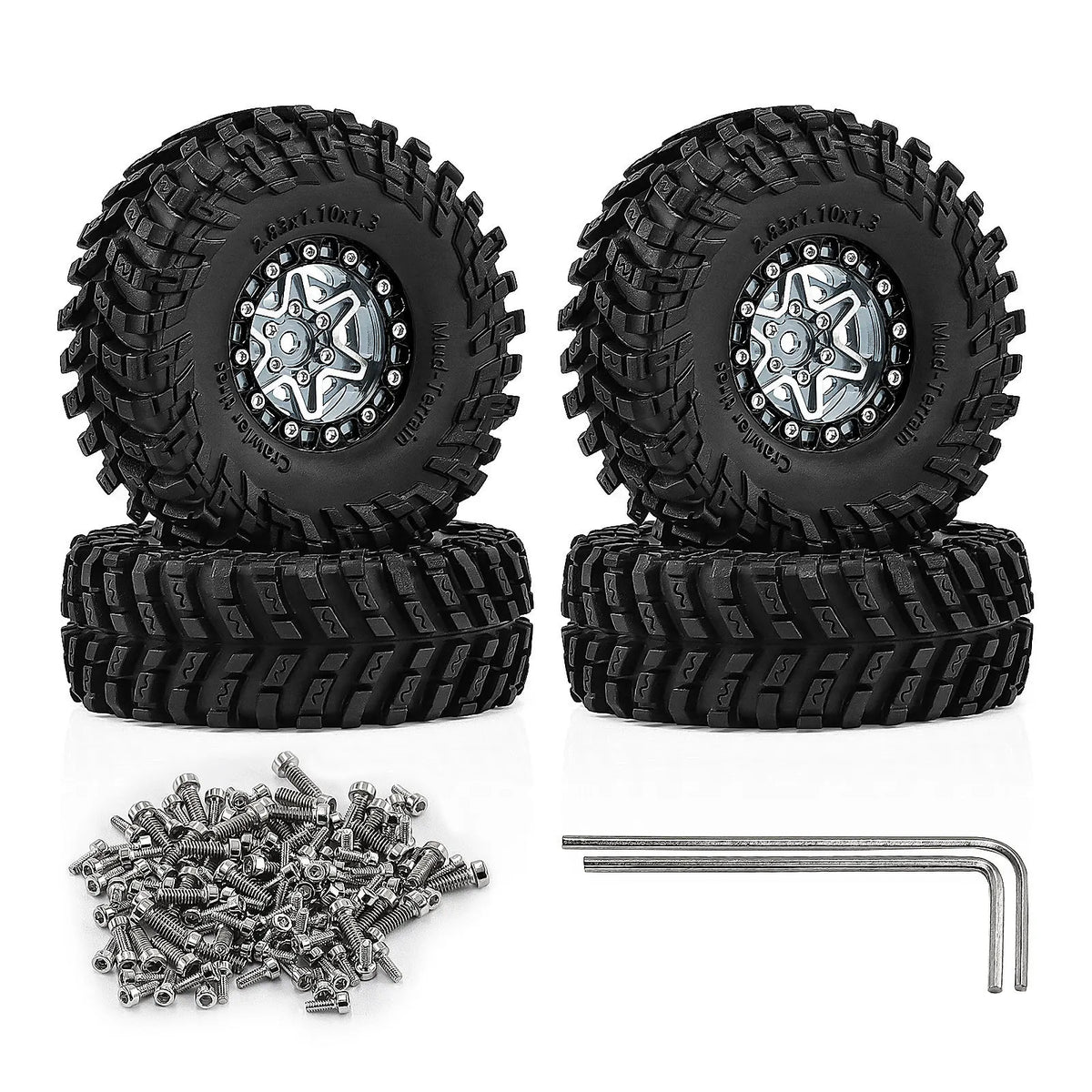 Four 1.3 inch aluminum RC crawler tires and a metal rod are shown for off-road rigs.