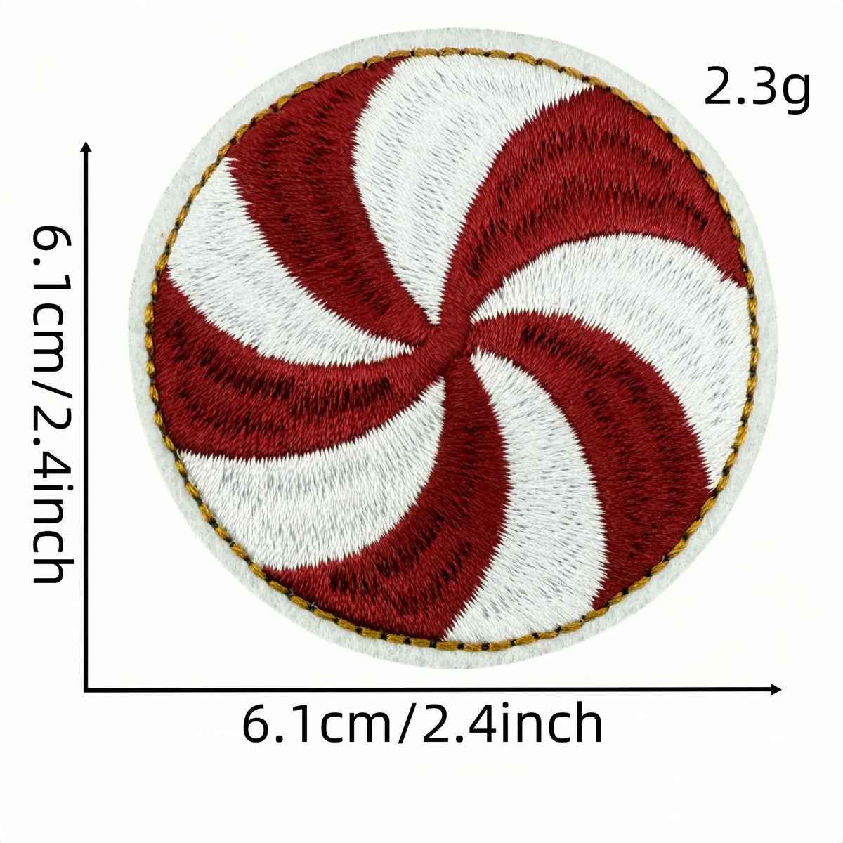 A round iron-on patch featuring a red and white swirl pattern on a white background.