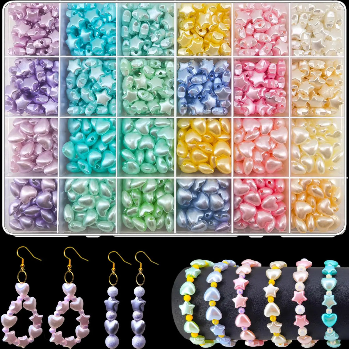 A collection of frosted golden foil acrylic beads in various colors and shapes for DIY jewelry making.