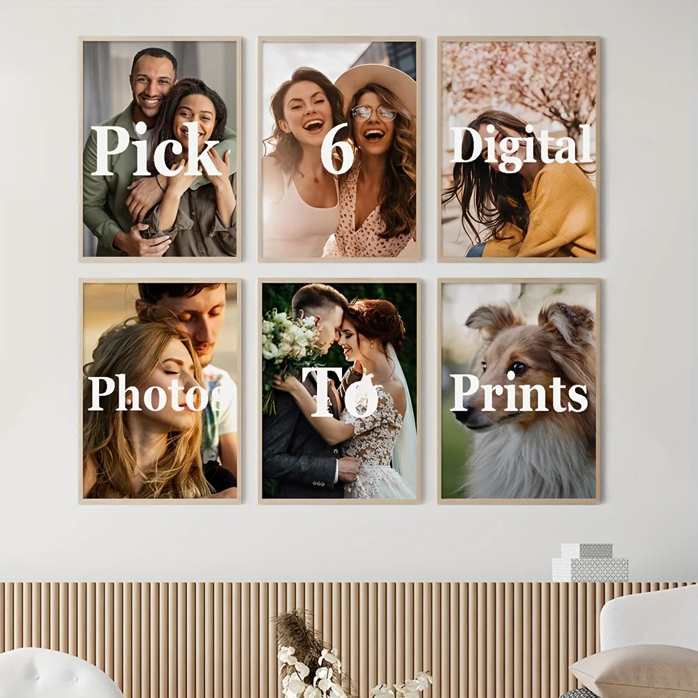 A set of six framed wall art pieces featuring diverse people and text labels like Pick, Digital, Photo, and Prints.