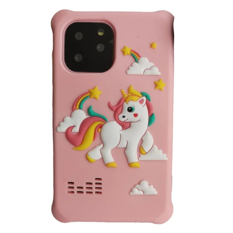 A pink kids smartphone toy featuring a unicorn design and dual camera module.