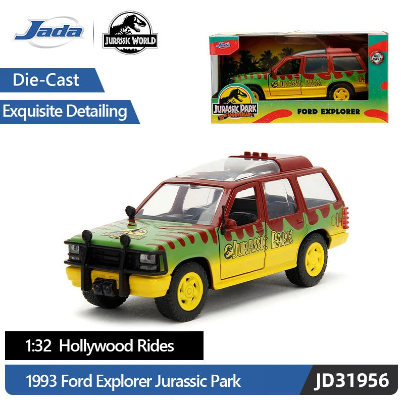 A diecast model of a 1993 Ford Explorer tour vehicle themed as Jurassic Park.