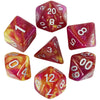 A set of polyhedral dice featuring a cosmic or galaxy effect, including dice numbered 1, 2, 8, 10, 12, 14, 20, and 00.