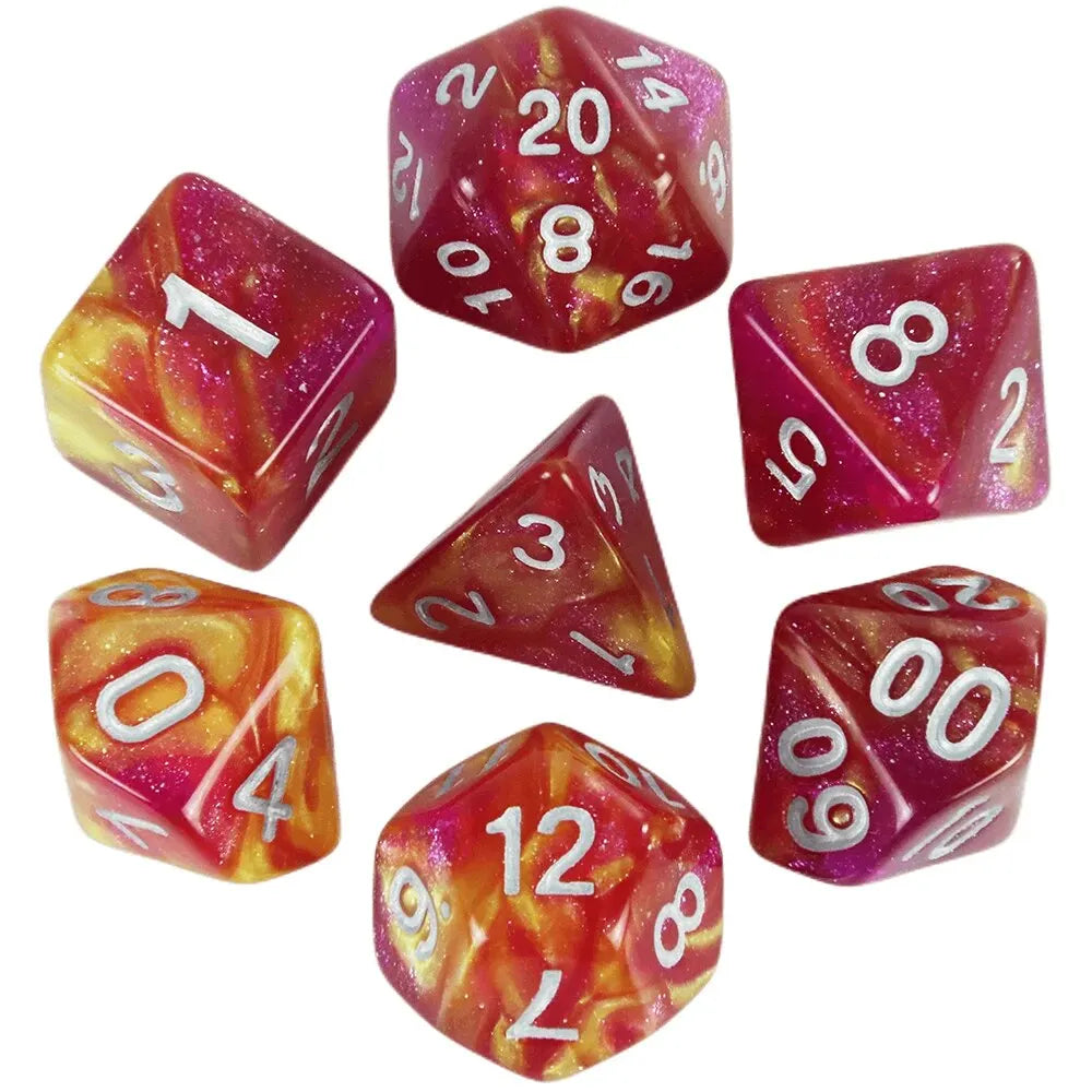 A set of polyhedral dice featuring a cosmic or galaxy effect, including dice numbered 1, 2, 8, 10, 12, 14, 20, and 00.