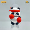A white panda collectible figure wearing an orange headband and holding red boxing gloves.