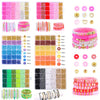 A collection of colorful clay and alphabet beads for DIY jewelry making including various colors, shapes, and stringing mater
