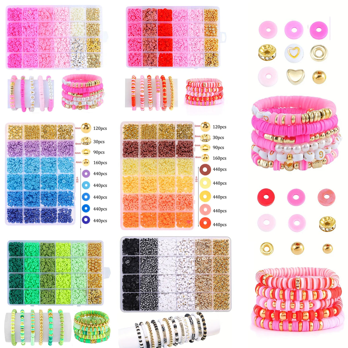 A collection of colorful clay and alphabet beads for DIY jewelry making including various colors, shapes, and stringing mater