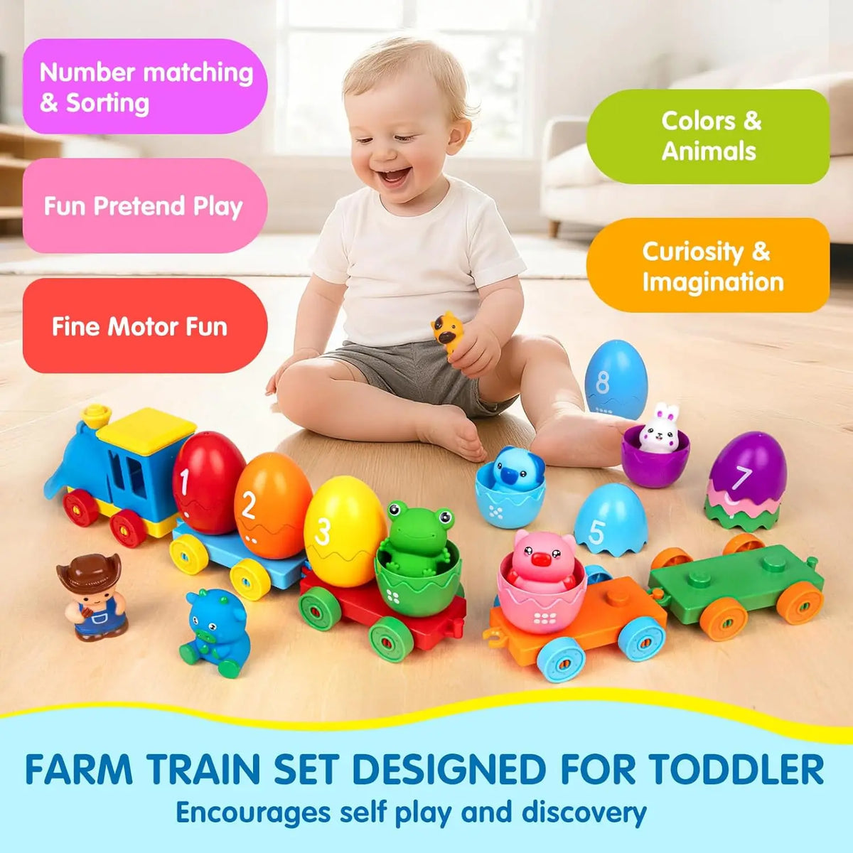 A toddler train set featuring farm animals and various colors designed for matching and sorting play.