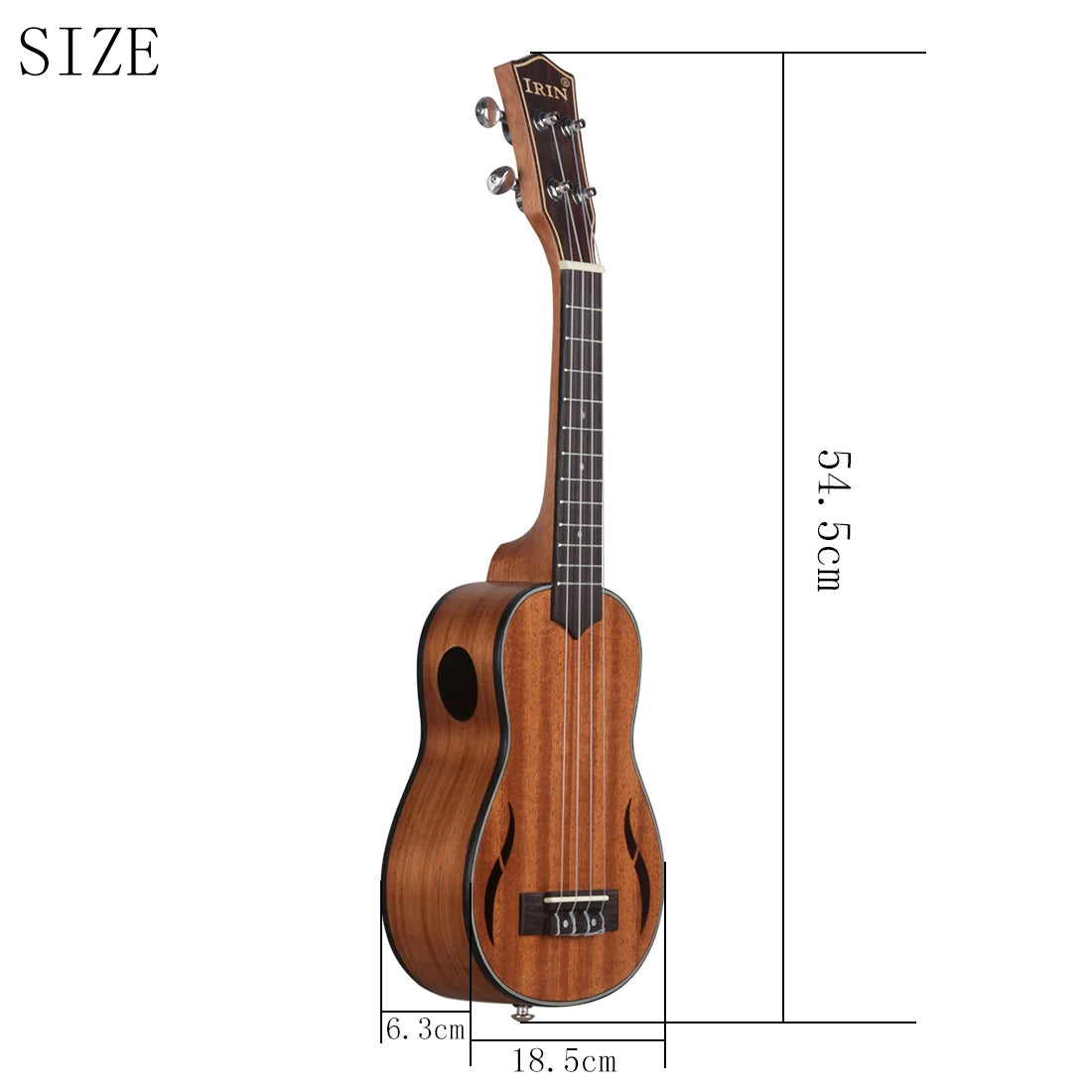 A wooden ukulele is shown in a side view with dimensions indicating its size.