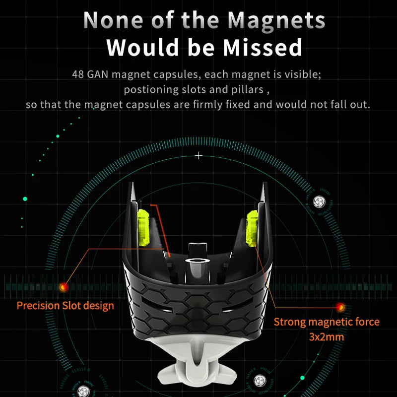 A close-up view of a black magnetic puzzle cube with visible magnet capsules and precision slots.