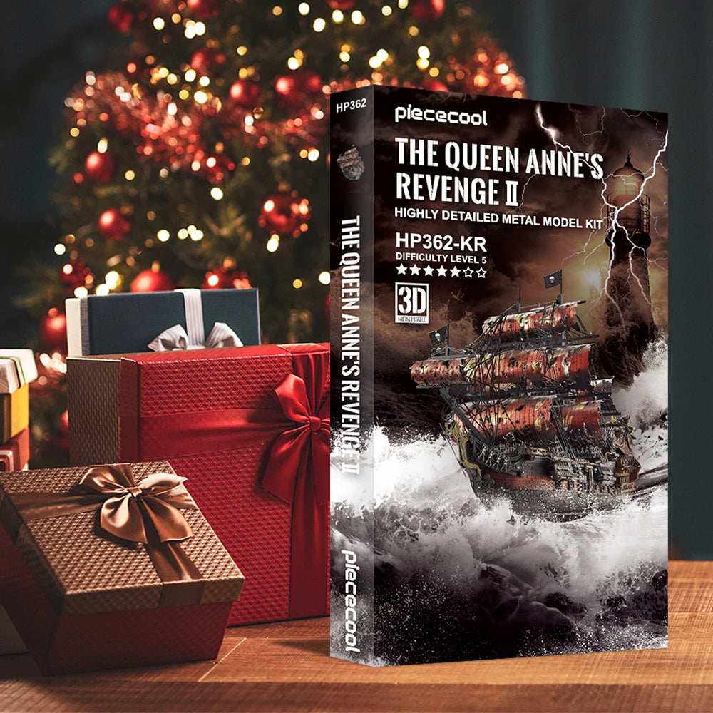 A box of the HP362-KR metal model kit for The Queen Anne's Revenge ship is displayed next to a wrapped gift box.