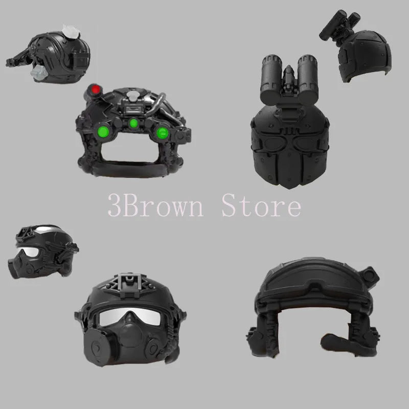 A set of black military building blocks featuring a gun and helmet accessories.