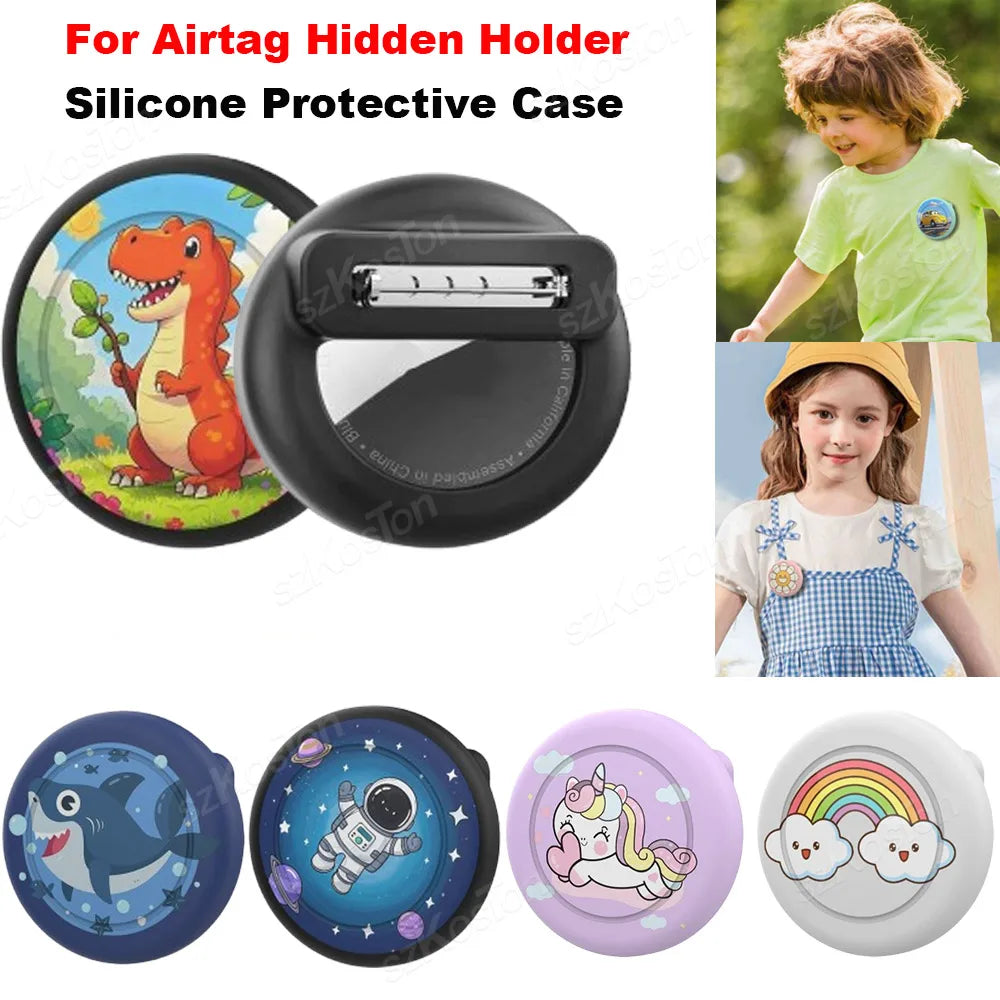 A set of silicone protective cases for AirTag hidden holders, featuring various colors and designs.