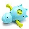 A light blue wind-up swimming turtle bath toy with yellow accents.