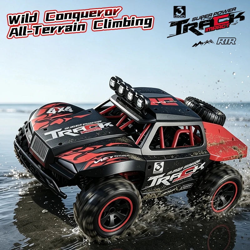 A black and red 4x4 off-road monster truck is shown driving through water.