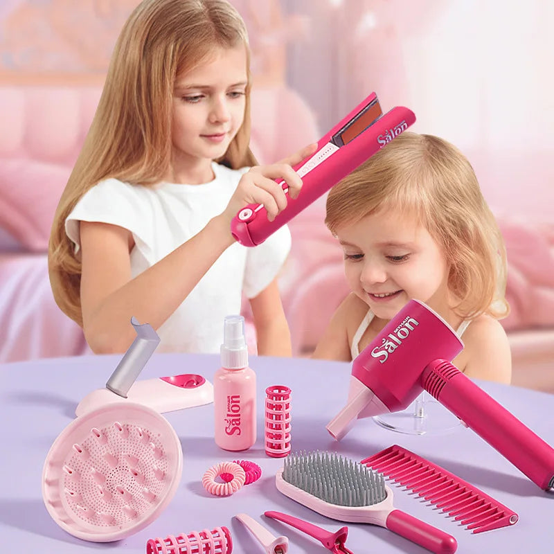 A set of pink and purple pretend play hair styling tools including a hairdryer, combs, brushes, and rollers used by a child.