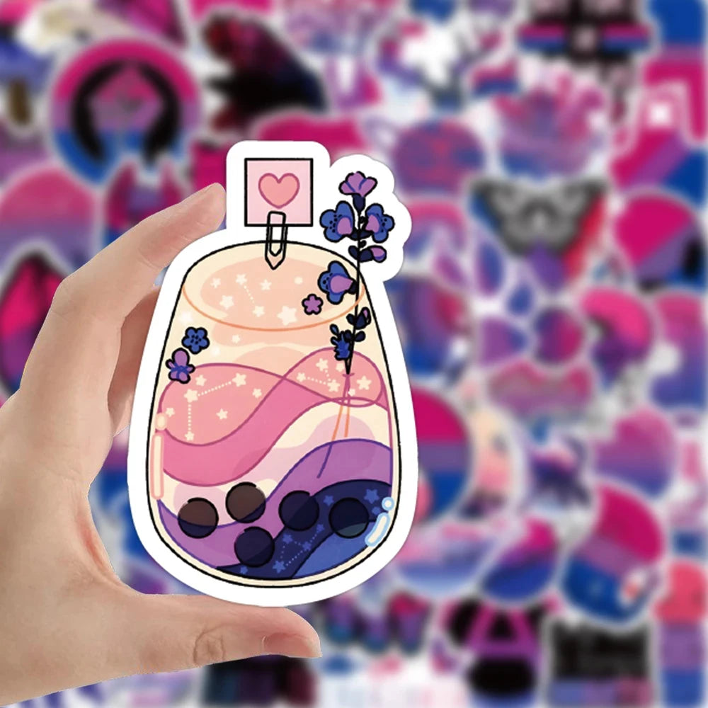 A hand holds a transparent sticker pack featuring an illustration of a pink and purple glass bottle with purple flowers.