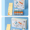 A box and set of wooden letter tiles for a Montessori word spelling game.