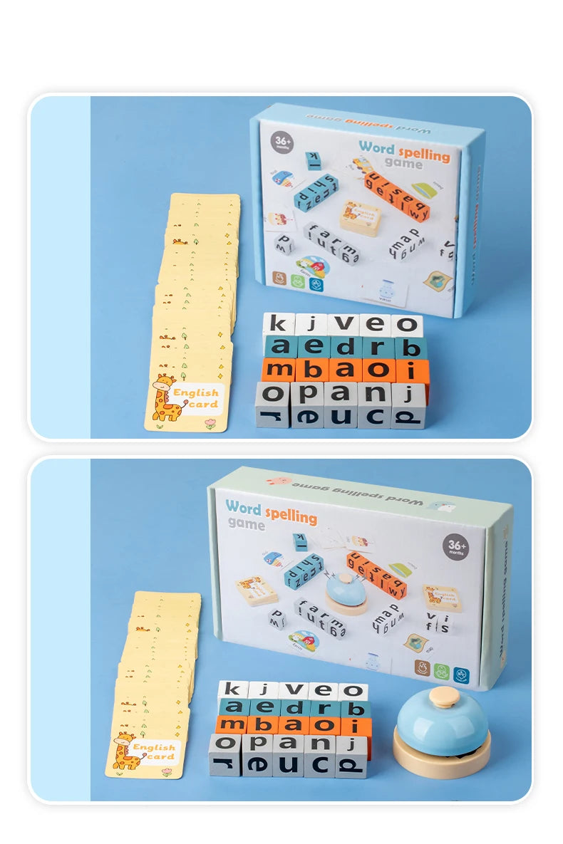 A box and set of wooden letter tiles for a Montessori word spelling game.