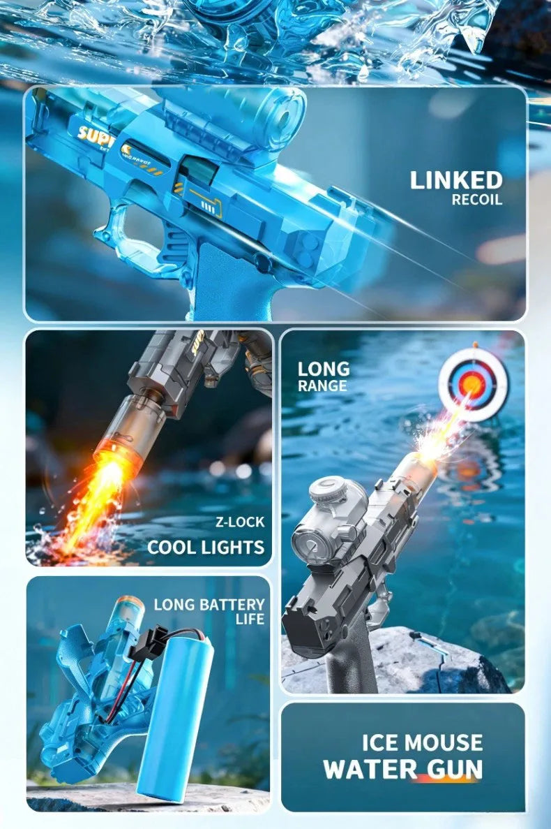 Blue ice mouse water gun featuring linked recoil, long range, z-lock cool lights, and long battery life.